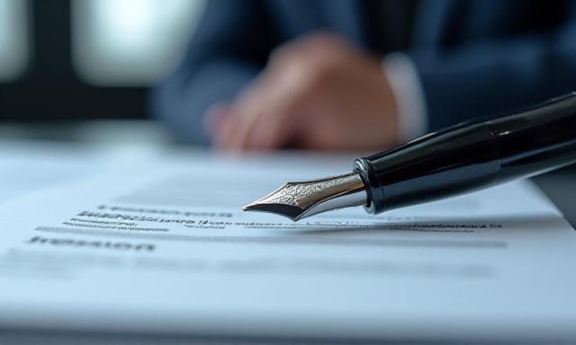 Close up of a professional legal agreement on a dark desk
